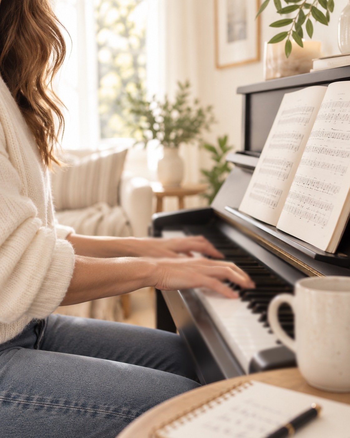 An adult's hands on the keys of an upright piano in a sunlit living room, sheet music open on the stand