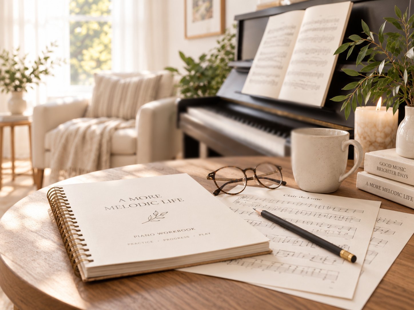 A piano workbook, sheet music and reading glasses on a table beside an upright piano