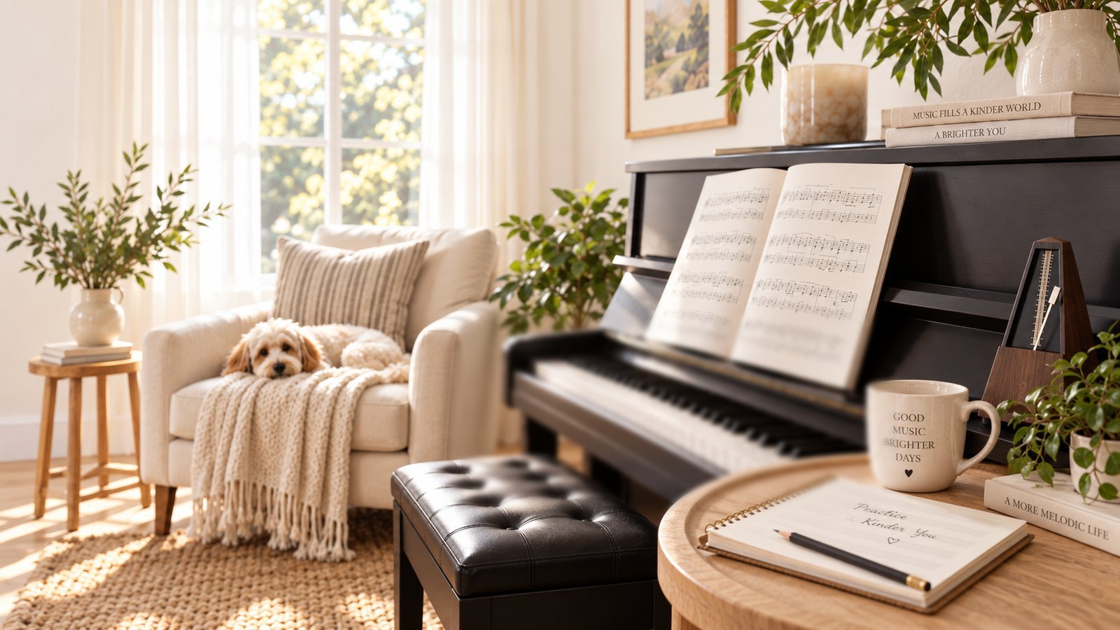 A warm home piano studio in Franklin, Wisconsin with an upright piano and armchair
