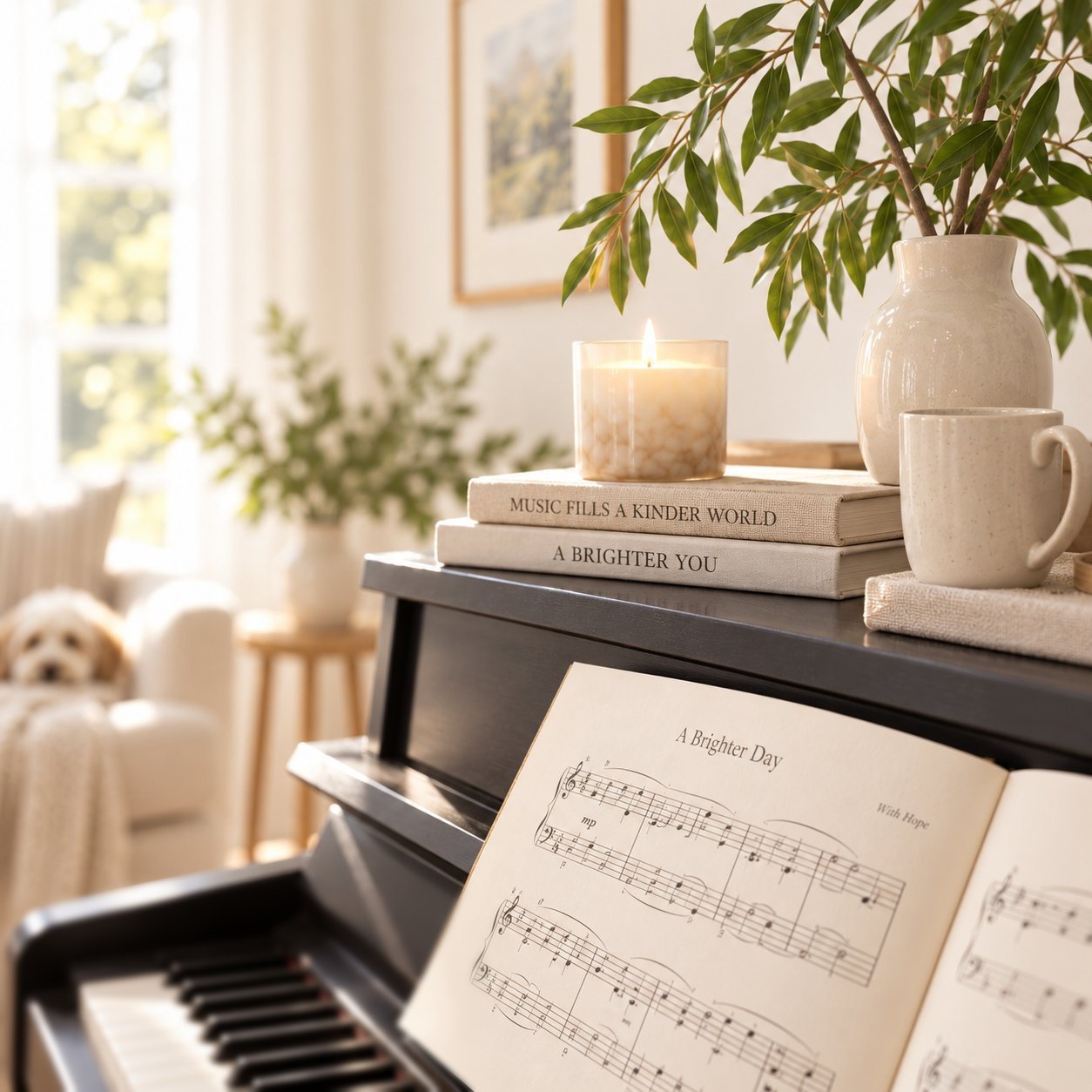 An upright piano with open sheet music, a candle and books in a bright living room